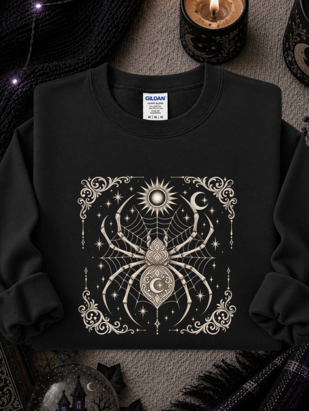 Celestial Spider Web Sweatshirt Unisex Graphic Crewneck Witchcore Moon Stars